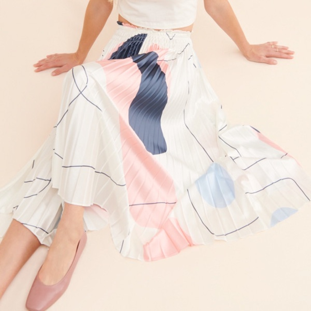 Anthropologie CAARA Pleated Maxi Skirt, Abstract White Pink Blue Grey SZ L
